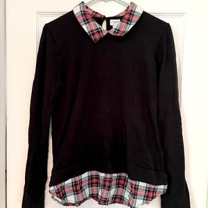 J Crew Knit Top w Faux Plaid Collar and Hem - M